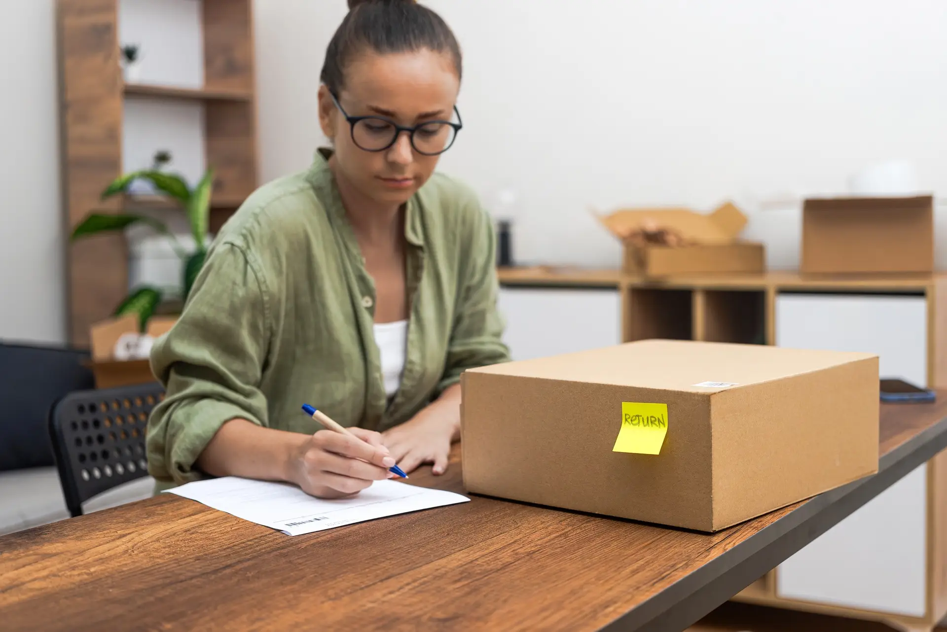 woman at home table, filling out a return order form, expressing her desire to return a product.